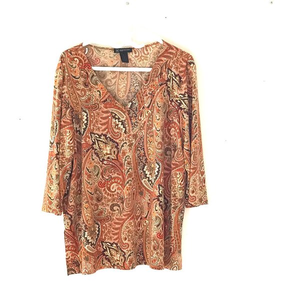 Oversize 2X top/tunic INC brown paisley 3/4 sleeve stretch women's holiday event - Picture 1 of 7